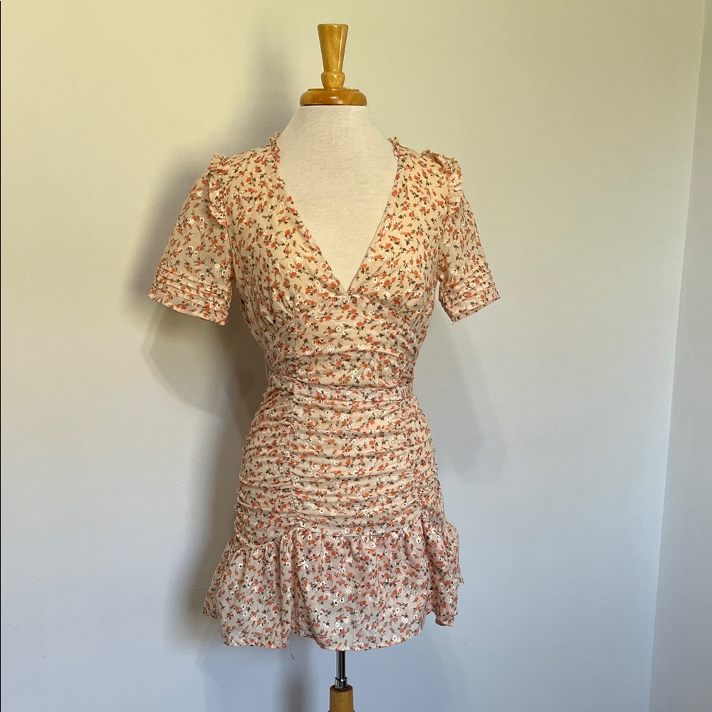 Storia 100% Cotton Cottagecore Mini Dress with Floral Print Rouched Size Small